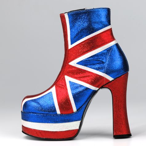 Platform Slip Ons, 70s Shoes, Geri Halliwell, Wedding Pumps, Glitter Boots, British Flag, London Underground, Fashion Gallery, Glam Rock