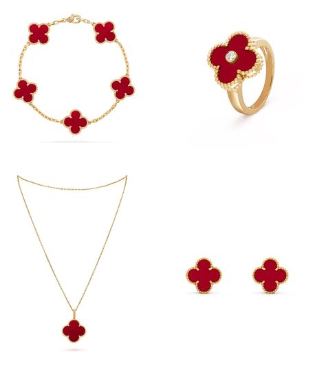 Van Cleef & Arpels Alhambra collection #vca #vcaalhambra #vcanecklace #vcajewelry #vancleef #vancleefarpels #magicalhambra #vcamagic #carnelian #vcacarnelian #vcaring Can Cleef Necklace Stack, Red Van Cleef, Van Cleef Set, Mens Wedding Bands Silver, Cartier Bracelet Stack, Men Gold Jewelry, Oval Wedding Ring Set, Rings For Men Gold, Bracelet Stack Ideas