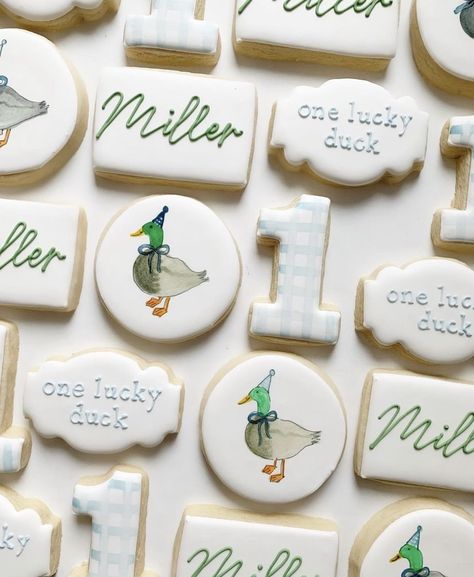 Duck Birthday Theme, One Lucky Duck, Duck Cookies, First Birthday Cookies, Duck Birthday, Baby Shower Duck, Baby Birthday Themes, Lucky Duck, 1st Birthday Party Themes