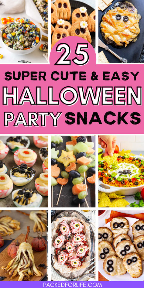 A collage of fun Halloween party food ideas, with a variety of cute and easy Halloween finger foods like spooky fruit skewers, mummy mini pizzas, monster-themed popcorn, and other creative snack options for a Halloween celebration. Finger Foods For Kids Halloween Party, Kids Halloween Snack Board, Halloween Kids Snack Ideas, Toddler Halloween Food Ideas, Halloween Kid Snacks Party Ideas, Spooky Treats For Kids, Easy Halloween Themed Snacks, Halloween Themed Birthday Party Food, Spooky Night Snacks