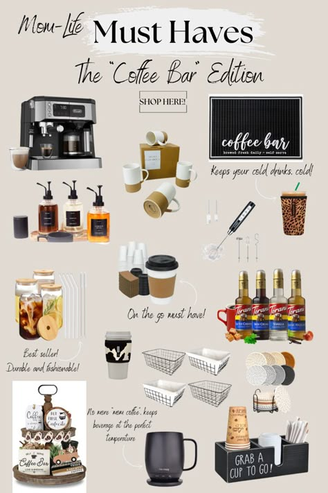 Trending and tried and true coffee bar essentials for all coffee lovers! Coffee Bar Corner, Cozy Coffee Nook, Kitchen Decor Themes Coffee, Coffee Corner Ideas, Coffee Essentials, Household Necessities, Coffee Theme Kitchen, Bar Corner, Coin Café