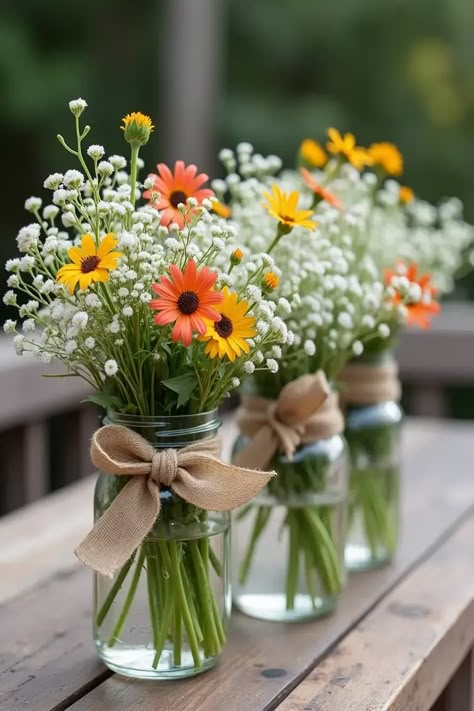 22 Simple Wedding Centerpieces That’ll Wow Your Guests  - PartyGleam Very Simple Centerpieces, Milk Jar Flower Arrangements, Simple Flower Table Arrangements, Wedding Flower Arrangements For Tables, Wedding Table Decorations Without Flower, Simple Event Centerpieces, Flowers In Mason Jars Wedding, Wedding Simple Centerpieces Diy, Mason Jar Wedding Decorations