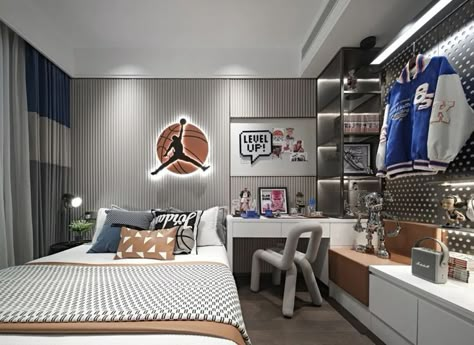 Play Kitchen Playroom, Basketball Kids Room, Playroom Mural Ideas, Nba Bedroom, Playroom Jungle, Boys Basketball Room, Playroom Sensory, Garden Playroom, Play Garage