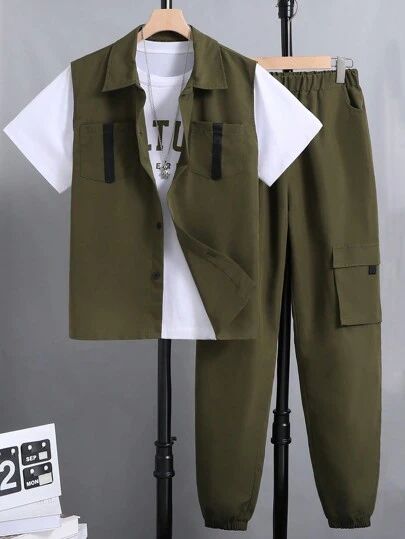 Cargo Vest, Outfit Set, Boy's Clothing, Army Green, Outfit Sets, Pants Set, Print T Shirt, Casual Outfits, T-shirt