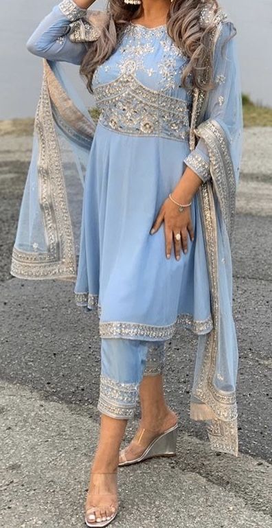 Light Color Pakistani Dress, Sky Blue Punjabi Suit, Sky Blue Suits Women Indian, Light Blue Suit Wedding, Desi Suits, Punjabi Wedding Suit, Sky Blue Suit, Sky Blue Outfit, Light Blue Suit