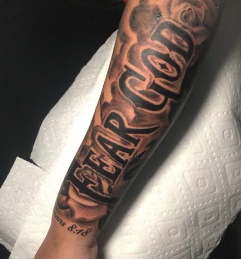 Believe In God Tattoo, Arm Tattoos For Black Guys, Cool Black Tattoos, Christian Sleeve Tattoo Men, Tattoos For Black Guys, Sleeve Filler Ideas Men Arm Tattoo, Fear God Tattoo Men, Calf Sleeve Tattoo Men, Side Forearm Tattoo Men Ideas