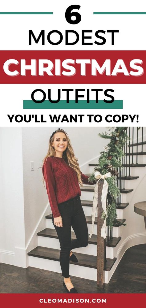 modest christmas outfits for women Christmas Day Outfit Women Casual, Casual Christmas Outfits For Women Jeans, Christmas Eve Outfits Church, Christmas Eve Outfits For Teens, Modest Christmas Outfit, Christmas Church Outfit, Christmas Party Outfit Casual, Holiday Party Outfit Casual, Christmas Dinner Outfit