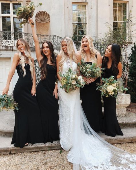 bridesmaids-in-black-gowns-from-showmeyourmumu #bridesmaids #dresses #bridesmaiddresses #black Backless Bridesmaid Dress, Black And White Wedding Theme, Wear Black Dresses, Black Bridesmaid, White Wedding Theme, Black Bridesmaids, Sleeveless Bridesmaid Dresses, Mermaid Bridesmaid Dresses, Black White Wedding