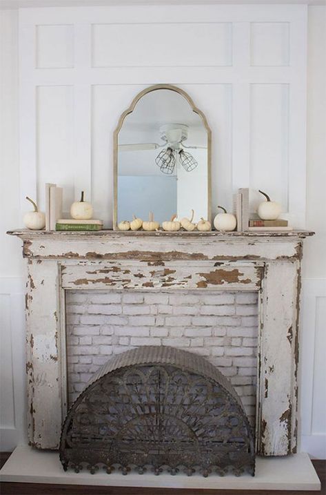 Gorgeous distressed fall mantel with white pumpkins and neutral decor. #falldecor Faux Fireplace Mantels, Fake Fireplace, Faux Fireplace Diy, Vintage Fireplace, Old Fireplace, Custom Fireplace, Living Room Update, Funky Home Decor, Faux Fireplace