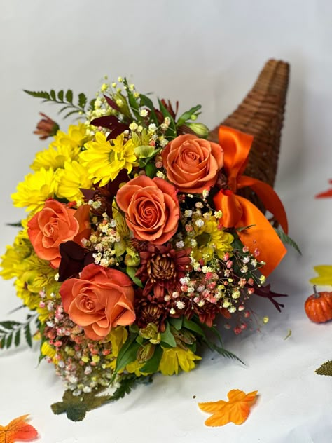 Floral Arrangements Thanksgiving, Cornucopia Flower Arrangement, Thanksgiving Floral Centerpieces, Thanksgiving Flower Centerpieces, Thanksgiving Arrangements, November Design, Thanksgiving Flower Arrangements, Flowers In The House, Thanksgiving Floral Arrangements