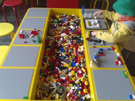 No instructions for this - but Justin says he could build. Make one-sided so could go against the wall. Table Lego Diy, Table Lego, Lego Table Diy, Lego Organization, Diy Lego, Lego Table, Lego Room, Lego Storage, Lego Party