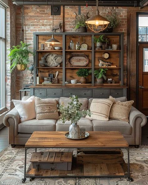 How to Blend Modern and Rustic with Industrial Farmhouse Decor • 333k+ Inspiring Lifestyle Ideas Industrial And Farmhouse Decor, Industrial Farmhouse Furniture, Rustic Modern House Design, Basement Cottage Style, Cottage Core Industrial, Modern Rustic Living Room Apartment, Rustic Den Decor, Industrial Farmhouse Inspiration, Industrial Country Home