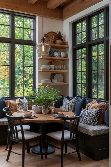 Have a Lazy Sunday with a Modern Breakfast Nook – Everyday Inspo High Top Breakfast Nook, Unique Breakfast Nook Ideas, Mudroom Breakfast Nook Combo, Breakfast Nook Turned Playroom, Lake House Breakfast Nook, Fireplace Breakfast Nook, Modern Traditional Breakfast Nook, Kitchen Nook With Shelves, Built In Nook Kitchen