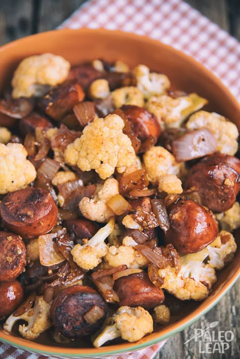 Toss your favorite sausage in the skillet, brown it on all sides, remove, add cauliflower and spices, fried sausage and stir. Well done! Sausage And Cauliflower, Paleo Pork Recipes, Cauliflower Stir Fry, Healthy Cheese, Paleo Pork, Vegan Paleo Recipes, Ghost Pepper, Spicy Sausage, Paleo Diet Recipes