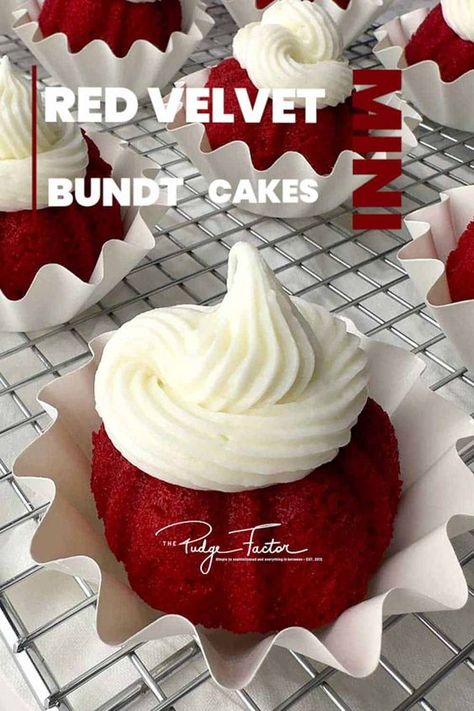 Mini Bundt Red Velvet Cake, Red Velvet Bridal Shower Cake, Small Bunt Pan Recipes, Red Velvet Nothing Bundt Cake Recipe, Mini Bundt Cake Recipes, Bunt Cake Recipe, Red Velvet Bundt, Mini Bundt Cakes Recipes, Red Velvet Bundt Cake