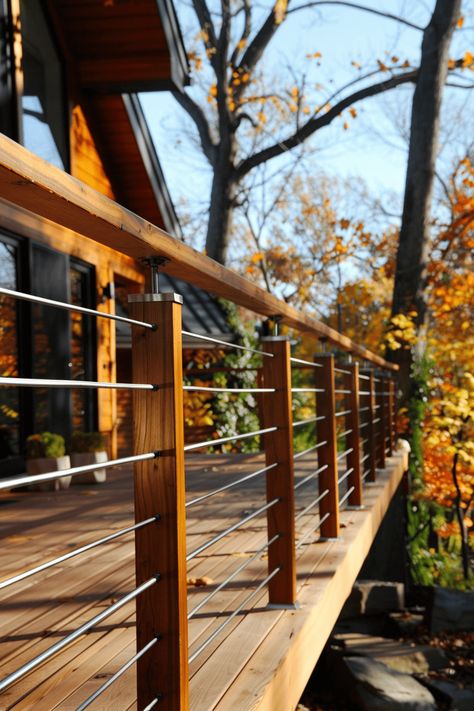 19 Deck Railing Ideas (Types, Questions, Best Materials & Tips) Patio Banister Railing Ideas, Mountain Deck Ideas Outdoor Living, Deck With Railing Ideas, Small Upper Deck Ideas, Deck Ballistrades, Simple Deck Railing Ideas, Cabin Deck Railing Ideas, Decking Material Ideas, Deck Ideas Railing