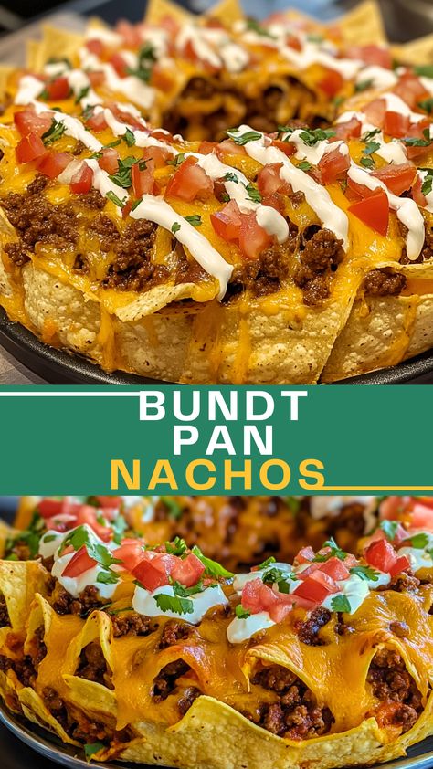 Appetizers, Sauces And Dips: Bundt Pan Nachos Nachos Appetizer Individual, Nacho Tray Ideas, Nacho Platter Party, Tacos In A Bundt Pan, Nacho Appetizers For Party, Mexican Food Appetizers Easy, Nachos For Party, Nachos With Doritos Chips, Pan Nachos Ground Beef