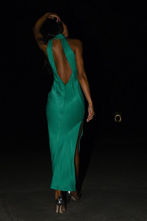 We recommend sizing down in this style. Look no further than the CLAIRE Satin Drape Back Maxi Dress for a timeless and elegant impression at your next special event. Showcasing a minimalistic silhouette, Claire is transformed with her striking open-back that will have you turning heads. This green satin maxi dress makes the perfect piece for weddings, work functions or celebratory dinners. In addition to its captivating design, the CLAIRE Green Satin Maxi Dress offers a luxurious feel with its s Claire Satin Drape Back Maxi Dress, Satin Dresses Open Back, Open Back Dress With Pearls, Backless Long Dresses, Low Back Halter Dress, Significant Other Lana Dress, Open Back Green Dress, Two Piece Wedding Guest Dress, High Neck Backless Dress