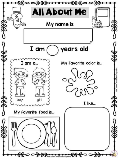 English Kindergarden Worksheet, All About Me For Kindergarten, Primary School English Activities, English Learners Activities Ideas, Introduce Yourself Ideas School, Kg1 Worksheets English, Kindergarden Activities English, Fun English Activities For Kids, About Me For Kids