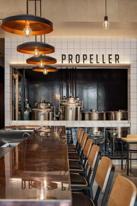 Brewery Interior Design | Propeller Brewing — D360 Inc. Taproom Design Brewery, Brewery Design Interior, Brewery Bar Design, Home Brewery Design, Taproom Design, Brewery Interior Design, Industrial Brewery, Beer Bar Design, Taproom Ideas