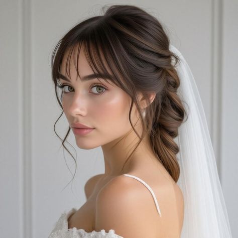 Looking for the perfect look for your big day? 💖 Phenomenal Down Wedding Hairstyles wedding hairstyles half up half down bangs | Beautiful Glamour offer stunning, versatile options that combine elegance with a touch of romance. Whether you're aiming for a classic or modern vibe, these hairstyles enhance your natural beauty while keeping your hair stylishly off the face. Discover gorgeous half up, half down styles that highlight beautiful bangs, ensuring you shine on your wedding day. Say “I do” to these head-turning Hairstyles With Straight Bangs, Bride Hairstyles With Bangs, Bride With Bangs, Half Up Half Down Bangs, Glam Wedding Hair, Pre Wedding Photoshoot Beach, Half Up Half Down Styles, Down Styles, Down Wedding Hairstyles