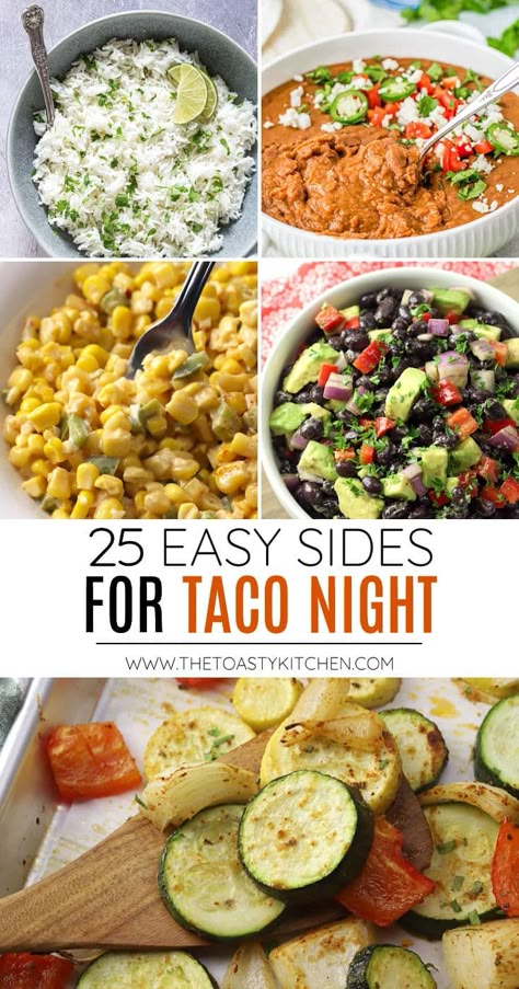 25 sides for taco night, a recipe roundup by The Toasty Kitchen. Wondering what to serve with tacos for dinner? We've got you covered! Today I'm sharing 25 easy sides for taco night. You'll find sides like dips, salads, roasted veggies and more to add to your next taco Tuesday. #taconight #sidesfortacos #tacotuesday #recipes Sides For Taco Night, What To Serve With Tacos, Taco Sides, Sides With Tacos, Mexican Sides, Supper Club Ideas, Taco Side Dishes, Taco Bar Party, Taco Meal