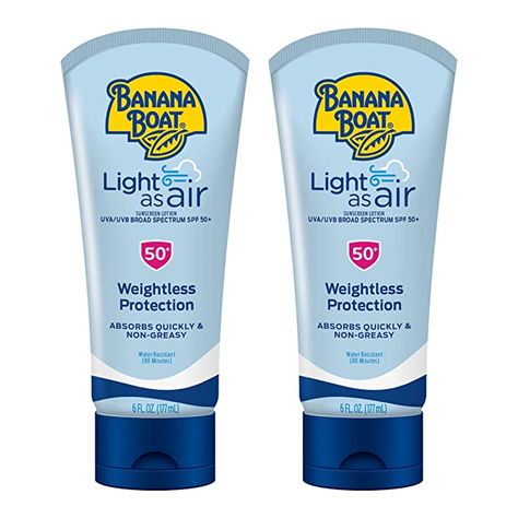 Amazon.com: Banana Boat Light As Air Sunscreen, Broad Spectrum Lotion, SPF 50, 6oz. - 2 Count (Pack of 1) : Beauty & Personal Care Banana Boat Sunscreen, Gel Sunscreen, Tanning Sunscreen, Boat Lights, Banana Boat, Chemical Sunscreen, Best Sunscreens, Body Sunscreen, Sunscreen Spf 50