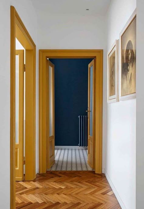 India Yellow Bedroom Farrow And Ball, White Walls Coloured Trim, Orange Interior Door, Mustard Entryway, India Yellow Colour Scheme, Colorful Trim White Walls, Colored Doors And Trim Interior, Orange Trim Interior, India Yellow Hallway