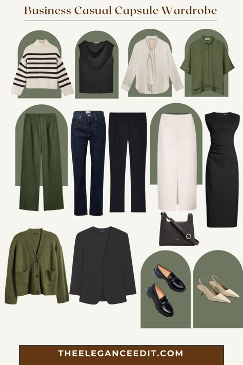 Business Casual Capsule Wardrobe Green Outfit Work, 30s Business Casual, Capsule Business Casual Wardrobe, Green Pant Outfits For Women, Business Casual Capsule Wardrobe 2024, Olive Capsule Wardrobe, Scandinavian Business Casual, Corporate Capsule Wardrobe, Green Capsule Wardrobe