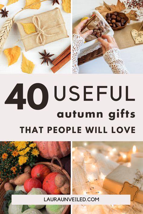 a pin that says in a large font 40 Useful Autumn Gifts that People Will Love Fall Friend Gift Ideas, Fall Bday Gift Ideas, Fall Gifts For Neighbors, Gifts For Fall Lovers, Autumn Gifts Ideas, Fall Party Gifts, Fall Birthday Basket Ideas, Fall Gift Basket Ideas For Friends, Fall Diy Gifts For Friends