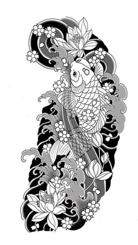 Japanese Black Sleeve Tattoo, Asian Inspired Tattoo Sleeve, Japanese Hawaiian Tattoo, Big Tattoo Designs, Japenses Tatoos Design, Background Tattoo Design, Traditional Japanese Tattoo Sleeve, Japanese Leg Tattoo, Japanese Tattoo Women