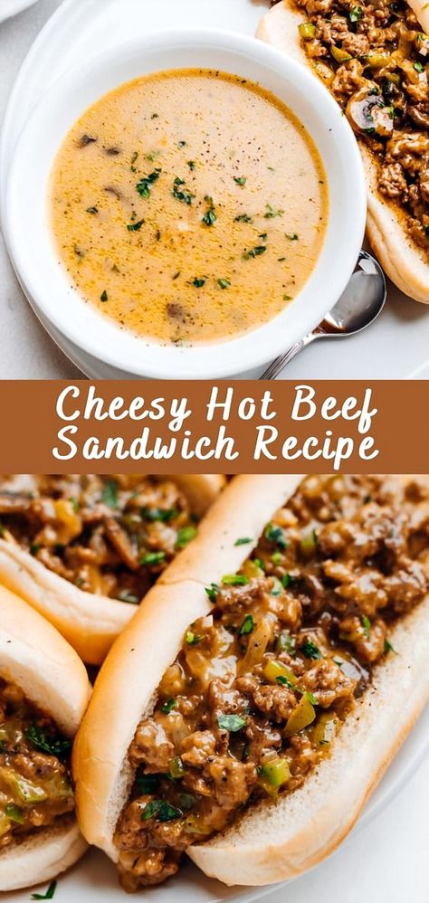 Indulge in a mouthwatering hot beef sandwich smothered in gooey cheese with this delightful recipe from Cheff Recipes. Asian Beef Sandwich, Cheesy Hot Beef Sandwich, Panini Filling Ideas, Ground Pork Sandwiches, Beef And Cheese Sandwich, Ground Beef Subs, Beef N Cheddar Sandwich, Upscale Lunch Ideas, Hot Roast Beef Sandwich Deli Meat