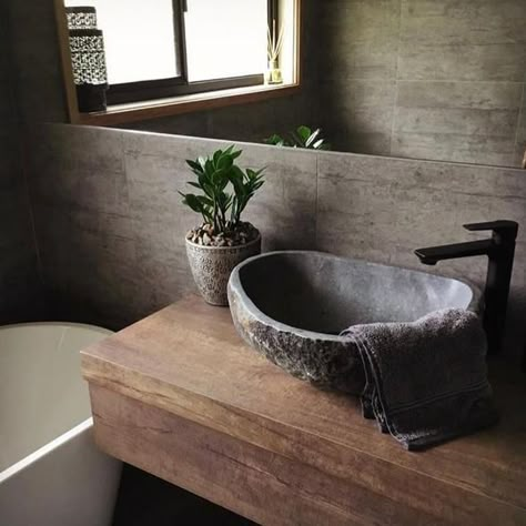 Natural Stone Vessel Sink, Bathroom With Stone Sink, Stone Bathroom Sink Ideas, Stone Basin Sink, Natural Stone Sink Bathroom, Stone Bowl Sink, Stone Bathroom Basin, Stone Toilet Design, Stone Wood Bathroom