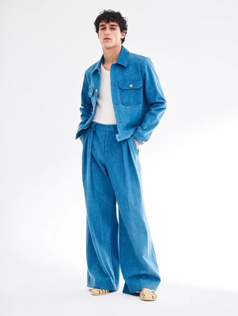 King and Tuckfield Spring Summer 2024 010 Blue Man Outfit, Denim On Denim Men, Denim Look Men, All Denim Outfit Men, Denim Outfit For Men, Blue Mens Outfits, Blue Outfit Aesthetic Men, Blue Men Outfit, Blue Outfits Men