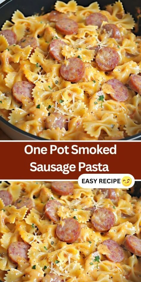 Discover the ultimate one-pot meal with this Smoked Sausage Pasta recipe. Featuring hearty smoked sausage, tender bow tie pasta, and a creamy tomato sauce, this easy dinner is packed with flavor and ready in just 30 minutes. Perfect for busy weeknights, this dish combines convenience with comfort, and the addition of cheddar cheese makes it extra satisfying. Ideal for families and meal prepping! Easy Supper Ideas Quick For 2, Easy Cheap Oven Dinners, Weeknight Dinner Ideas For Picky Eaters, Best Cheap Dinner Recipes, Dinners For Under $10 Meal Ideas, Cheap Family Meal Ideas, Week Night Supper Ideas, One Pan Dinners Pasta, Easy Super Ideas