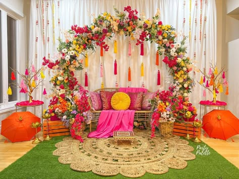 The Party Palette Co. | Event Decor & Styling on Instagram: “Last Mehndi Night of 2022! 🌺💛 Glad we ended it off with another creation of our most requested backdrop this year! ☺️ Decor & Styling // @…” Mehndi Decor Backdrops, Indian Mehndi Decoration, Mendhi Backdrop Mehndi Decor, Mehndi Stage Design, Mehendi House Decor, Mehandi Background Decoration, Mehendi Decor Home, Mehndi Day Decor Ideas, Mehendi Background Decor