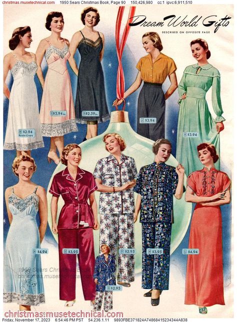 1950s Fashion Catalog, 1950s Nightwear, 1950s Housewife Fashion, 1950s Sleepwear, Vintage Christmas Outfit, 1950s Pajamas, Lana Lobell, Vintage Pyjamas, Decades Fashion