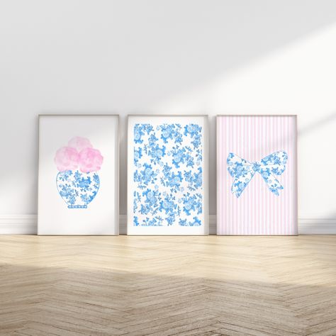 Blue and Pink Floral Bow Trendy Wall Prints Coastal Dorm Decor for Digital Download - Etsy Pink And Blue Wall Art, Pink And Blue Room Ideas, Blue And Pink Room, Pink And Blue Room, Blue And Pink Wall Art, Coastal Dorm, Trendy Wall Prints, Girl Dorm Decor, Blue Dorm