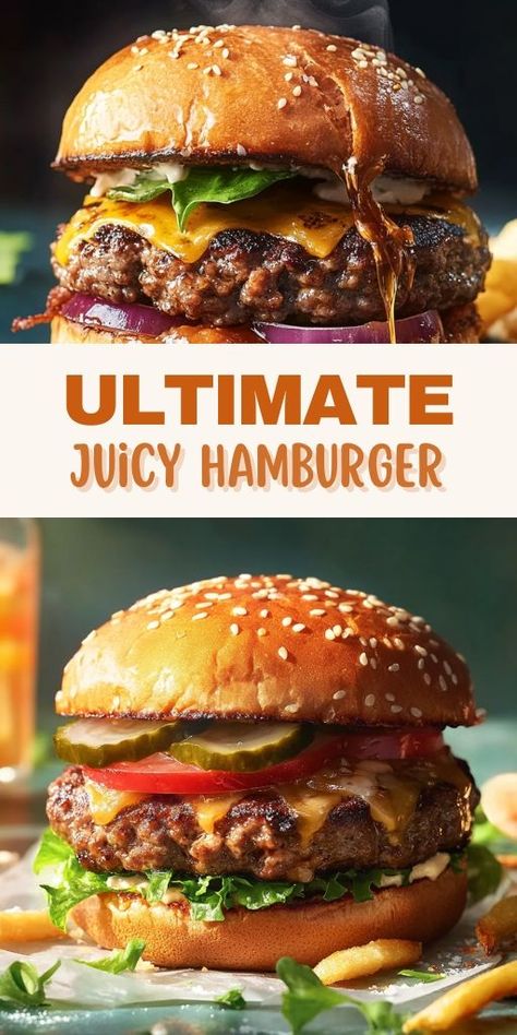 These Juicy Burgers are a must-try for burger lovers! 🍔🔥 Made with perfectly seasoned, juicy beef patties, they are sure to impress anyone at your next BBQ or family dinner. Customize with your favorite toppings and serve with fries for a meal that will leave everyone satisfied.  📌 Save this pin and try these juicy burgers for your next cookout! #JuicyBurgers #GrillRecipes #BBQIdeas #FamilyMeals #BurgerLovers #DeliciousDinners Beef Burger Patty Recipe, Best Juicy Burger Recipe, Juicy Hamburger Recipe, Hamburger Seasoning Recipe, Grilled Hamburger Recipes, Juicy Burger Recipe, Homemade Burger Patties, Homemade Beef Burgers, Bbq Hamburgers