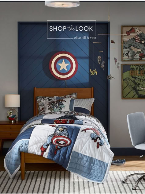 Looking for a "MARVEL”ous bedroom vibe for your little superhero? Imagine a space where Captain America and Hulk art sets the scene, personalized just for your guy. Add in a table lamp that doubles as a collection holder, cozy hero bedding, a Marvel mobile, and a light-up Captain America shield! Heroic dreams await!    Visit our website or find us on LTK to shop the look! Classy Superhero Bedroom, Modern Marvel Bedroom, Super Hero Bedroom Ideas For Boys, Subtle Superhero Bedroom, Toddler Boy Room Superhero, Super Hero Boys Room Ideas, Toddler Marvel Bedroom, Boys Marvel Room, Iron Man Bedroom Ideas