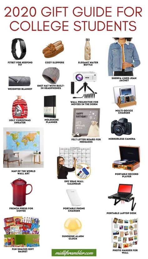 2020 Christmas Gift Guide - Gifts for College Students. We've got the best Christmas gifts for both girls and boys: useful gifts, practical gifts, gifts for the dorm room and gifts just for fun that your college students are sure to love. #giftguide #christmas2020 #christmasgiftguide #giftsforcollegestudents #midliferambler Christmas Gift Ideas For College Roommates, Christmas Gift Ideas For College Girl, College Gift Basket For Girls, Gifts For College Girls Ideas, College Student Christmas Gifts, College Christmas List, Off To College Gift Ideas, Gifts For University Students, Dorm Gift Basket