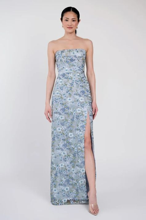 Mercy Ophelia Embroidery by Jenny Yoo | Shop Online Now Mother Of The Bride Dresses Long Spring Petite, Maybe Bridesmaid Dresses, Blue Floral Floor Length Dress, Winter Bridesmaid Dresses Mismatched, Dusty Blue Floral Bridesmaid Dresses, Light Blue Formal Dress Long, Reformation Bridesmaids, Blue Floral Formal Dress, Blue Floral Bridesmaid Dresses