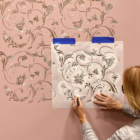 Lace Wall Stencil, Damask Wall Stencils, Wall Stencil Designs, Moroccan Wall Stencils, Damask Wall, Royal Design Studio Stencil, Large Wall Stencil, Stencil Wall Art, Wall Stencil Patterns