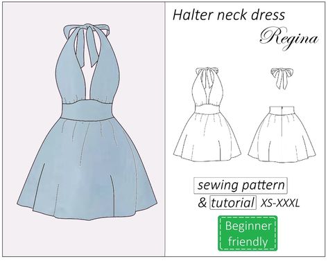 Halter dress pattern Regina, halter neck dress sewing pattern PDF, summer dress pattern for women - instant download, sizes XS - XXXL Sewn Dress Pattern, Off Shoulder Dress Sewing Pattern, Romantic Sewing Patterns, Halter Top Dress Pattern, Sewing Ideas Clothes Dresses, Fun Sewing Patterns, Halter Dress Pattern Free, Plus Size Dress Patterns Free, Easy Dresses To Sew