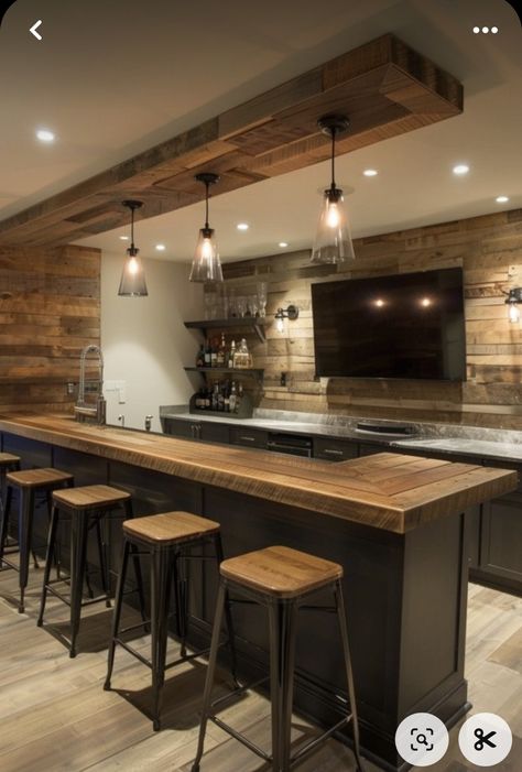 Basement Dry Bar Ideas, Industrial Basement Bar, Stylish Basement, Finished Basement Bars, Basement Bar Remodel, Basement Sports Bar, Bar Remodel, Zinc Countertops, Rustic Basement Bar