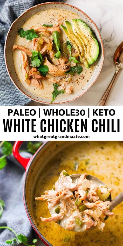 Paleo White Chicken Chili, Whole 30 Keto, Whole 30 Soup, Dairy Free Soup, Paleo Soup, Whole30 Keto, Boiled Egg Diet Plan, Diner Recept, Resep Diet