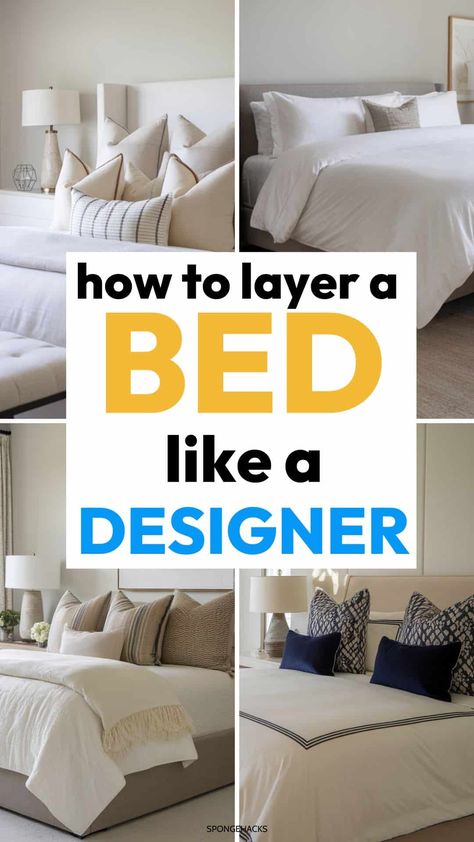 Learn how to layer a bed like a designer. If you want to style your bed or guest bedroom for company, here's a simple guide to help you layer a bed like a pro. Save this pin for later! Pretty Made Beds, Layering Your Bedding, How To Style A California King Bed, Chambray Bedding Ideas, How To Layer King Size Bedding, How To Make A Guest Bed, Bed Layers How To, Best Way To Make A Bed, How To Design A Bed