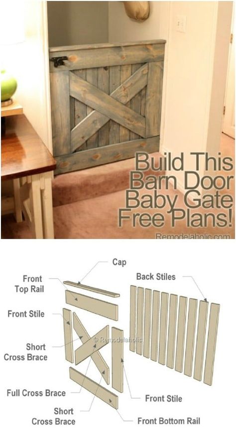 Barn Door Baby Gate 4x8 Plywood Projects, Build A Barn Door, Barn Door Baby Gate, Barn Door Projects, Dog Gates, Door Projects, Diy Barn, Baby Gate, Dog Gate