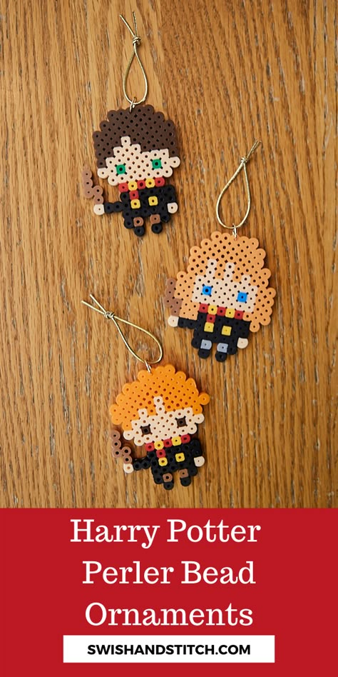 Harry Potter, Hermione Granger, Ron Weasley Perler melt bead ornaments Harry Potter Fuse Bead Pattern, Harry Potter Beads Pattern, Harry Potter Melty Beads, Perler Beads Ornaments, Perler Harry Potter, Hama Beads Harry Potter, Ironing Beads Ideas, Beads Christmas Ornaments, Perler Bead Ornaments