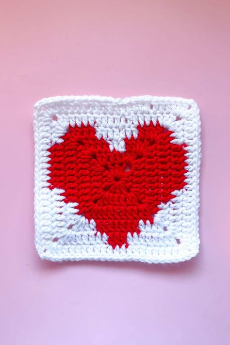 Granny Heart Crochet Pattern, Heart Granny Square Coaster, Heart Granny Square Projects, Solid Heart Granny Square Pattern, Big Heart Granny Square, Valentine Granny Square, Crochet Heart Square Pattern, Heart Shape Granny Square, Solid Heart Granny Square